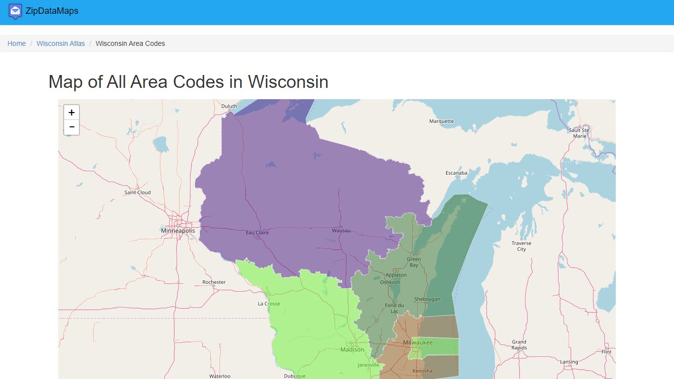 Map of All Area Codes in Wisconsin - August 2022 - Zipdatamaps.com