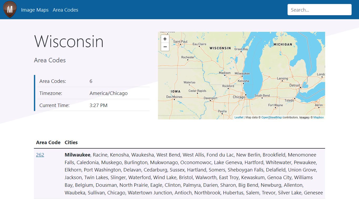 Wisconsin Area Codes | Image-Maps.com